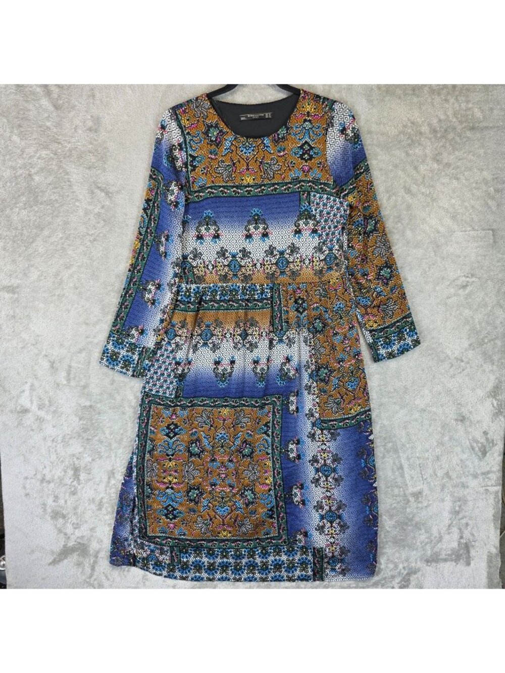 Zara Dress Womens M Multicolor Patchwork Round Neck Long Sleeve Midi Boho